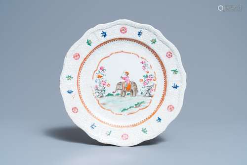 A CHINESE FAMILLE ROSE INDIAN MARKET PLATE WITH AN ELEPHANT ...