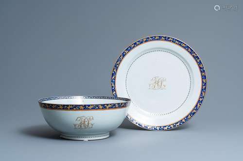 A LARGE CHINESE MONOGRAMMED EXPORT PORCELAIN PUNCHBOWL AND D...