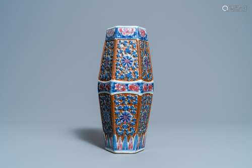 Lot 585: A CHINESE HEXAGONAL BLUE, WHITE AND COPPER-RED BROW...
