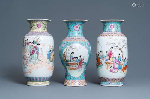 Lot 593: THREE CHINESE FAMILLE ROSE VASES, QIANLONG MARKS, R...