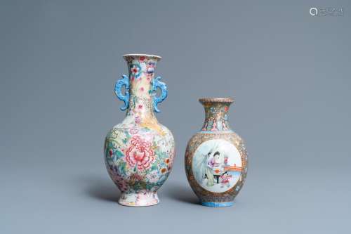 Lot 606: TWO CHINESE FAMILLE ROSE VASES, QIANLONG MARKS, REP...