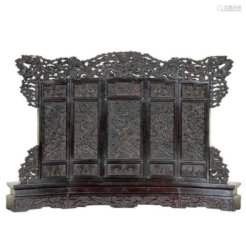 Finely Carved 'Dragon' Zitan Wood Screen