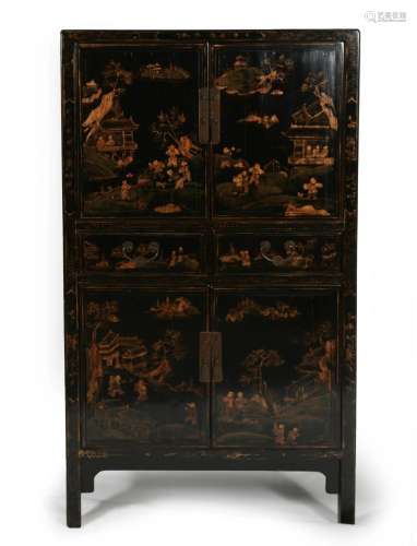 Chinese Lacquer Cabinet with Gold Gild Landscapes, Late