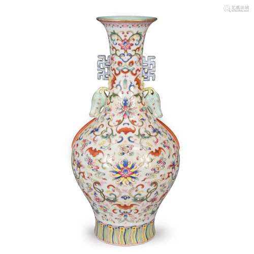 Famille Rose Double-Ear Porcelain Vase, Qianlong Mark