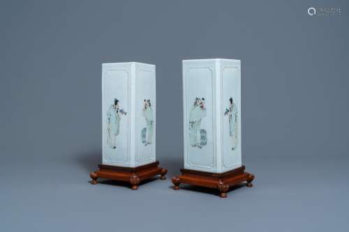 Lot 633: A PAIR OF SQUARE CHINESE QIANJIANG CAI HAT STANDS, ...
