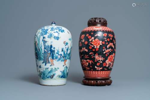 Lot 642: A CHINESE DOUCAI JAR AND AN IRON-RED BLACK-GROUND J...
