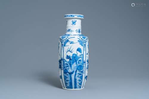 Lot 645: A CHINESE BLUE AND WHITE ROULEAU VASE, KANGXI MARK,...