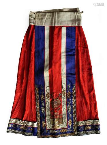 Chinese Red-Ground Pleated Silk Embroidered Skirt