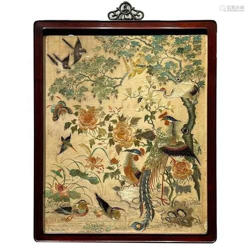 Chinese Silk Embroidered "Birds & Pheonix" Pan...