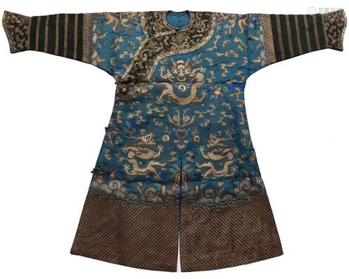 Blue-Ground Silk Embroidered Gold-Thread Dragon Robe