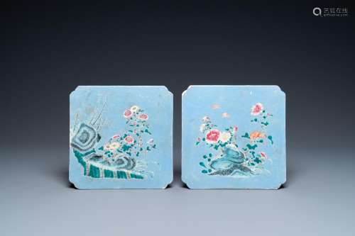 Lot 669: TWO CHINESE FAMILLE ROSE LAVENDER-BLUE-GROUND PLAQU...