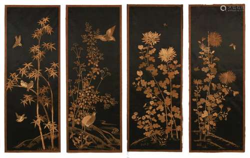 Set of 4 Finely Embroidered Silk Panels, 1870-1910