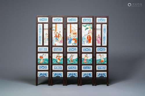 Lot 670: A CHINESE FIVE-FOLD WOODEN SCREEN WITH FAMILLE ROSE...