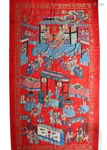 Large Red-Ground Silk Embroidered Wall Hanging, Qing