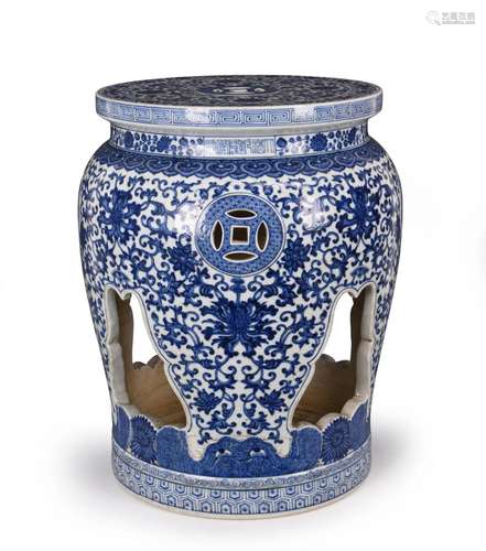 Blue And White 'Lotus Scroll' Porcelain Stool