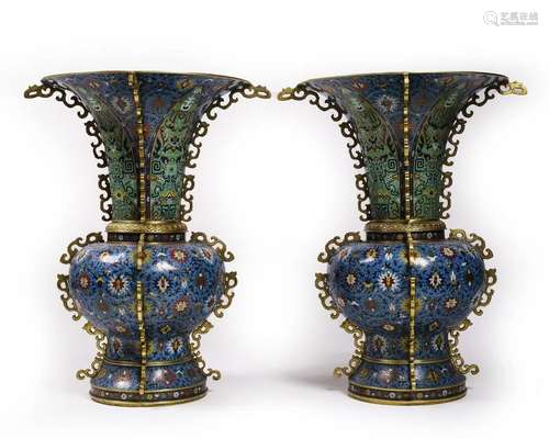 Large Pair of Cloisonne Enamel Flower Vase, Qianlong