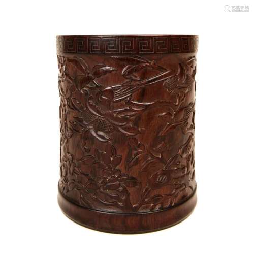 Carved Huanghuali Wood Brush Pot