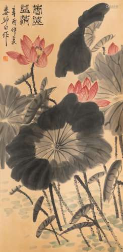 LOU SHIBAI (1918-2010), INK AND COLOR ON PAPER: 'LOTUS FLOWE...