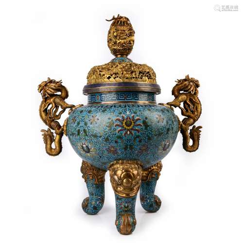 Cloisonne Enamel Dragon-Handle Tripod Censer, Qianlong