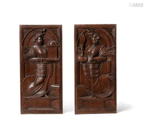 A PAIR OF FLEMISH SCULPTED OAK ALLEGORICAL PANELS, 17TH CENT...