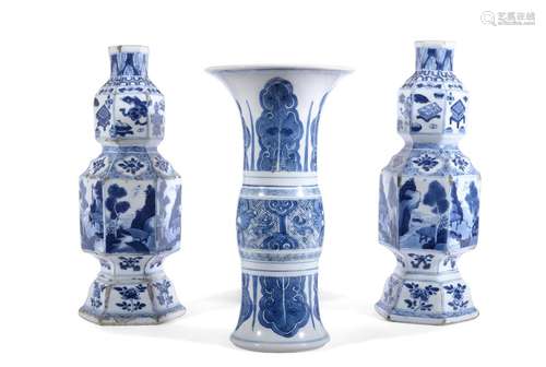 A PAIR OF CHINESE KANGXI BLUE AND WHITE VASES OF HEXAGONAL S...