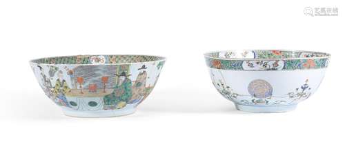 TWO CHINESE FAMILLE VERTE PUNCH BOWLS, 18TH CENTURY