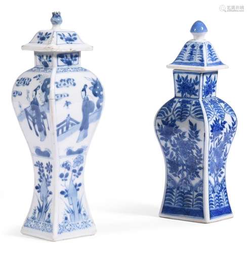 TWO CHINESE BLUE AND WHITE VASES AND COVERS, ONE LATE 18TH C...