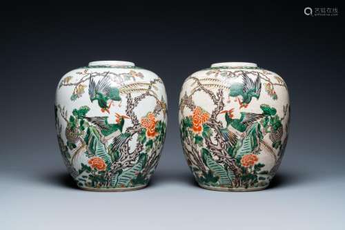 Lot 713: A PAIR OF CHINESE FAMILLE VERTE CRACKLE-GLAZED JARS...