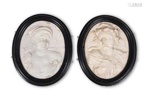 A PAIR OF CONTINENTAL CARVED MARBLE PORTRAIT OVAL PLAQUES, 1...