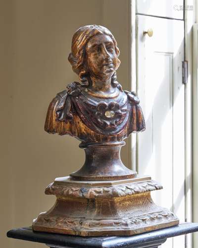 AN ITALIAN CARVED GILTWOOD AND GESSO PORTRAIT BUST OF A LADY...