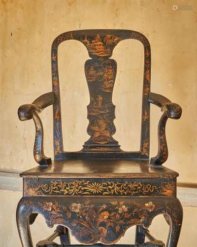 A GEORGE II BLACK LACQUER AND GILT JAPANNED ARMCHAIR, CIRCA ...