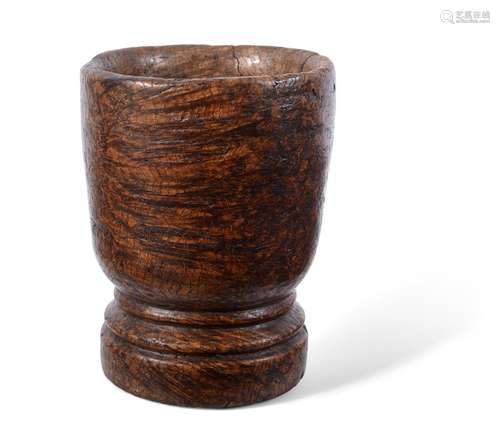 A TREEN TURNED BURR WOOD MORTAR, POSSIBLY AMERICAN OR ANGLO-...