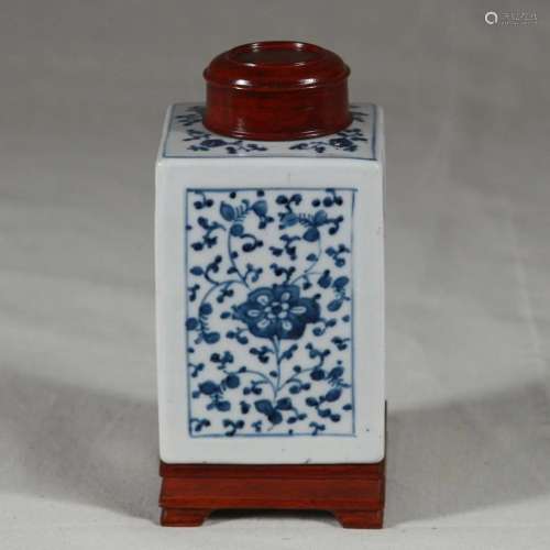 19th C. Blue & White Porcelain Tea Caddy, Marked