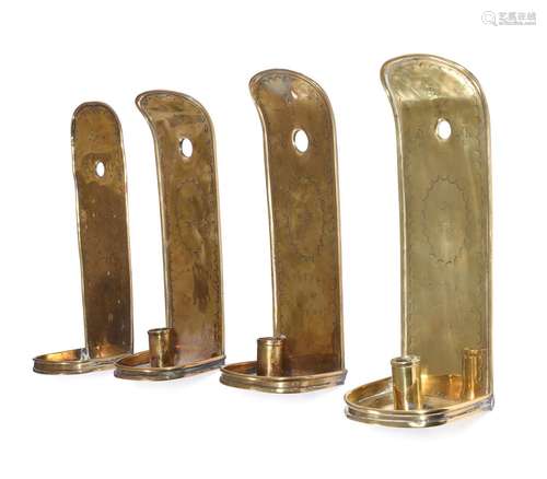 ANOTHER SET OF FOUR EMBOSSED SHEET BRASS WALL SCONCES, 18TH ...