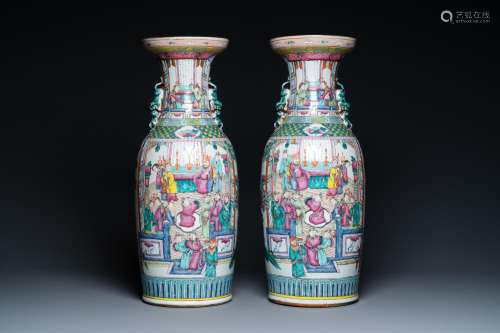 Lot 721: A PAIR OF CHINESE FAMILLE ROSE VASES WITH TEMPLE SC...