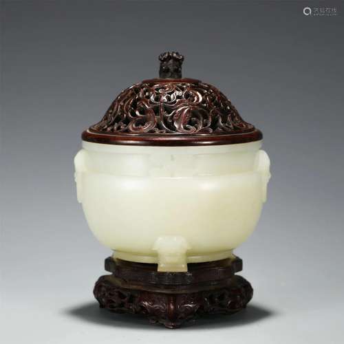 A Carved White Jade Censer With Wooden Stand