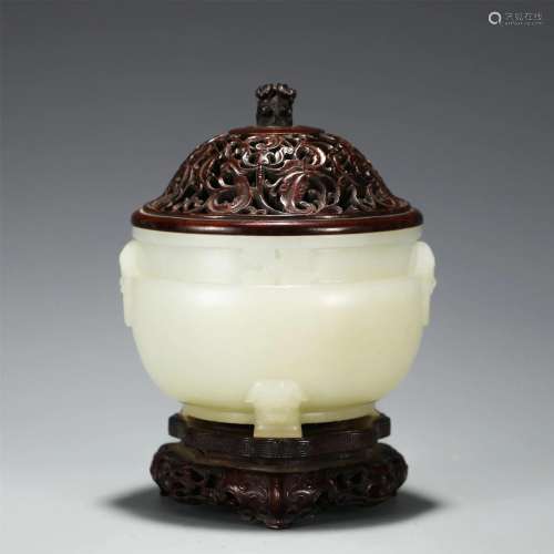 A Carved White Jade Censer With Wooden Stand