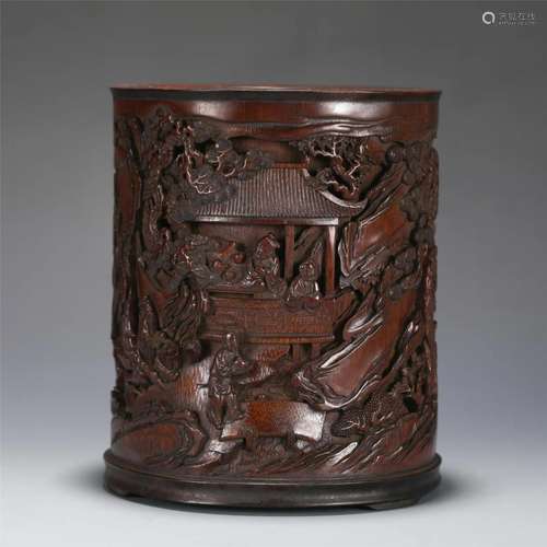 A Carved Bamboo Figural Story Brushpot