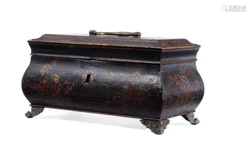 A GEORGE II BLACK LACQUER AND GILT CHINOISERIE TEA CADDY, CI...