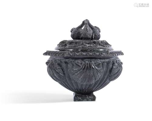 A GRAND TOUR CARVED SERPENTINE MARBLE LIDDED VASE OR INKWELL...