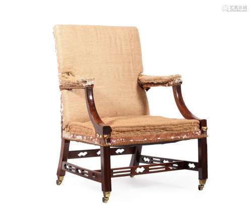 A GEORGE III MAHOGANY AND UPHOLSTERED GAINSBOROUGH ARMCHAIR,...