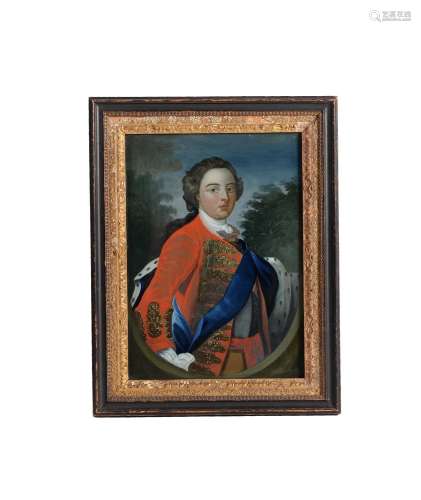 A REVERSE PAINTED GLASS PICTURE OF A EUROPEAN NOBLEMAN, 18TH...
