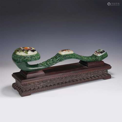 A Hardstones Inlaid Spinach Green Jade Ruyi Scepter