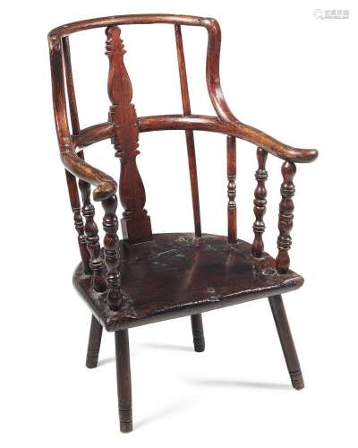 AN ASH, OAK AND PINE HIGH BACK WINDSOR ARMCHAIR, EARLY 18TH ...