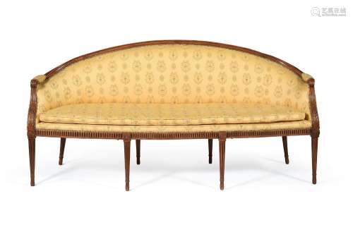 A GEORGE III BEECH AND UPHOLSTERED SOFA, IN THE MANNER OF RO...