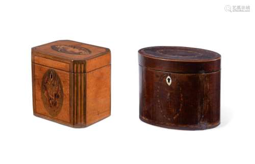 Y TWO LATE GEORGE III INLAID TEA CADDIES, CIRCA 1810