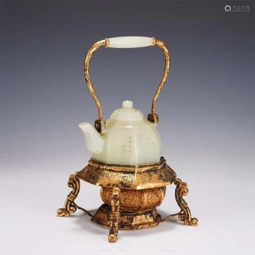 A Carved White Jade Teapot With Bronze-Gilt Stand