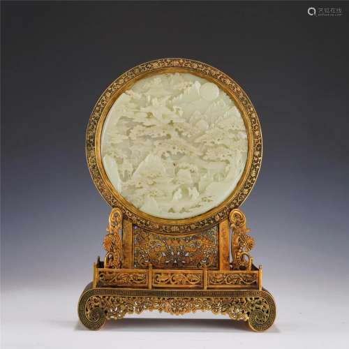 Fine Carved White Jade Inlaid Gilt-Bronze Table Screen
