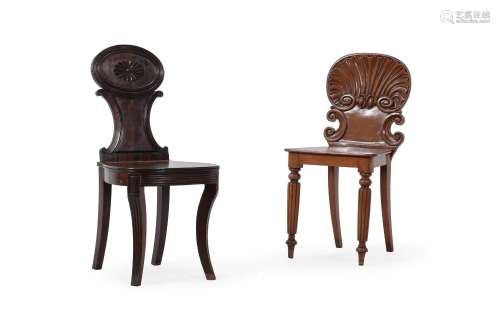 A GEORGE IV MAHOGANY 'SHELL BACK' HALL CHAIR, AND ...