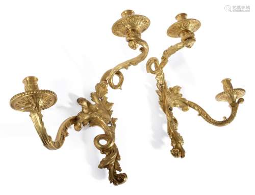 A PAIR OF FRENCH ORMOLU TWIN-LIGHT WALL APPLIQUES, IN THE MA...